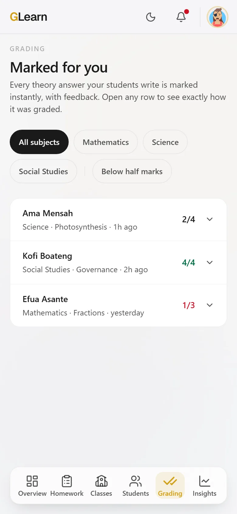 The GLearn teacher console on a phone: theory answers marked automatically, with the feedback already written